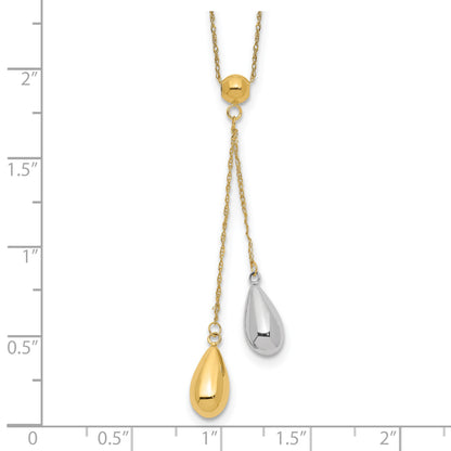 14k Two-tone Two Puffed Teardrop Beads 18 inch Lariat Necklace