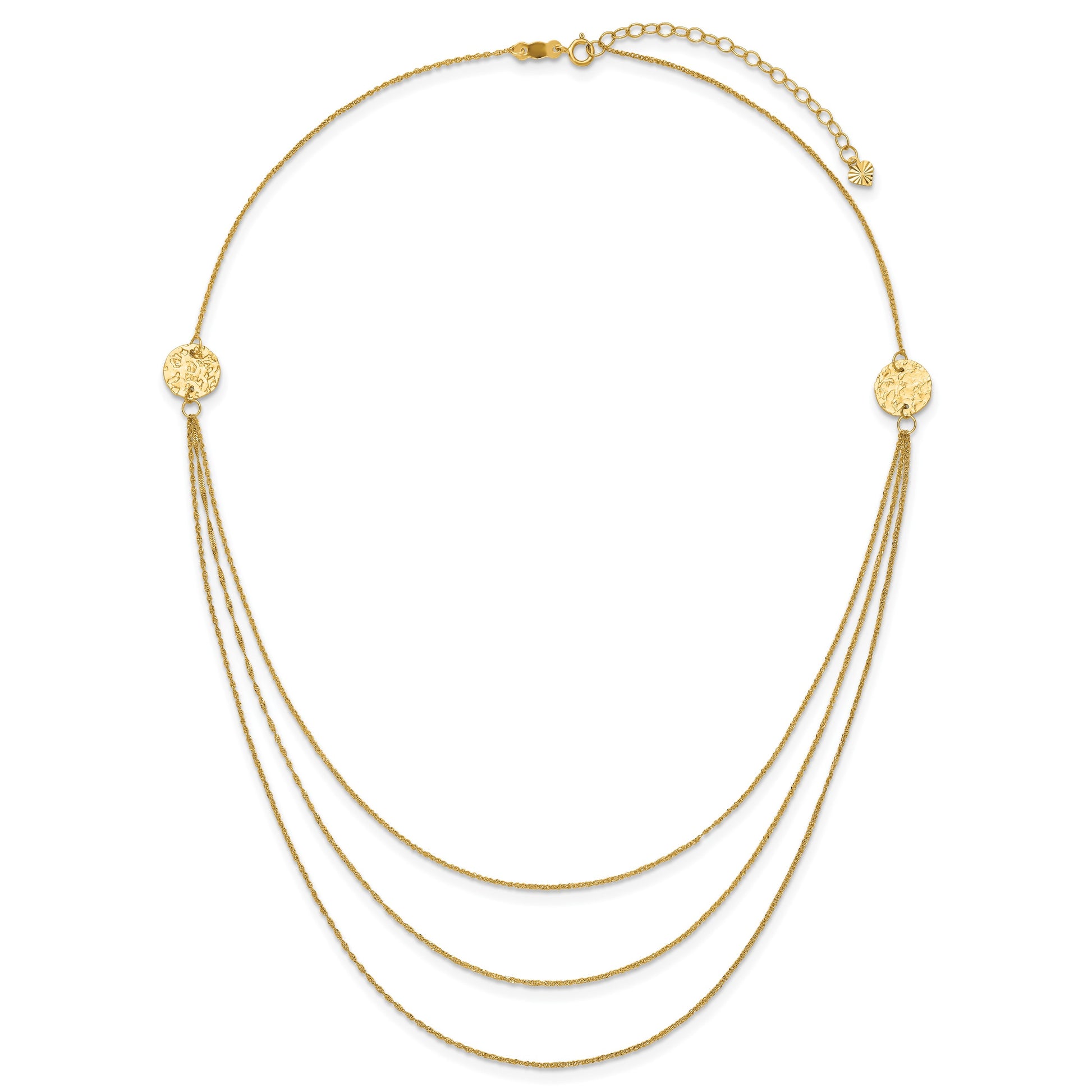 14K 3-Layer Ropa Chain Bib with Textured Side Circles 16 inch Necklace Plus 2 inch Extender
