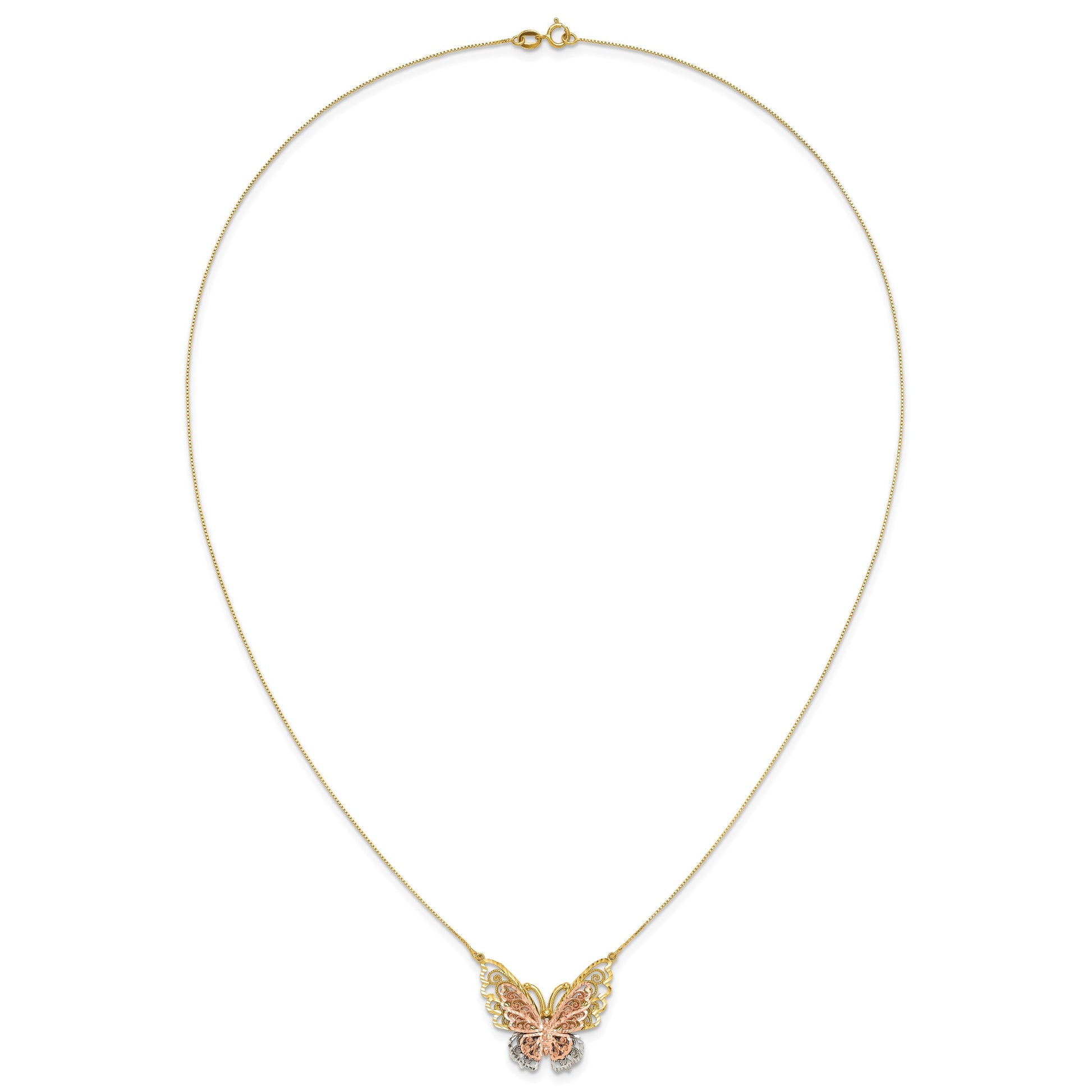 14k Yellow and Rose Gold with White Rhodium Large Filigree Butterfly 18 inch Necklace