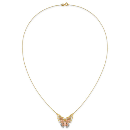 14k Yellow and Rose Gold with White Rhodium Large Filigree Butterfly 18 inch Necklace