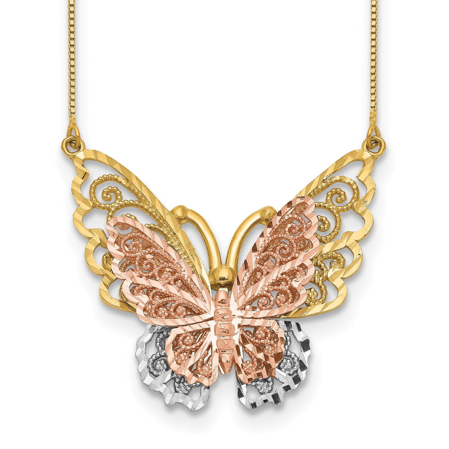 14k Yellow and Rose Gold with White Rhodium Large Filigree Butterfly 18 inch Necklace