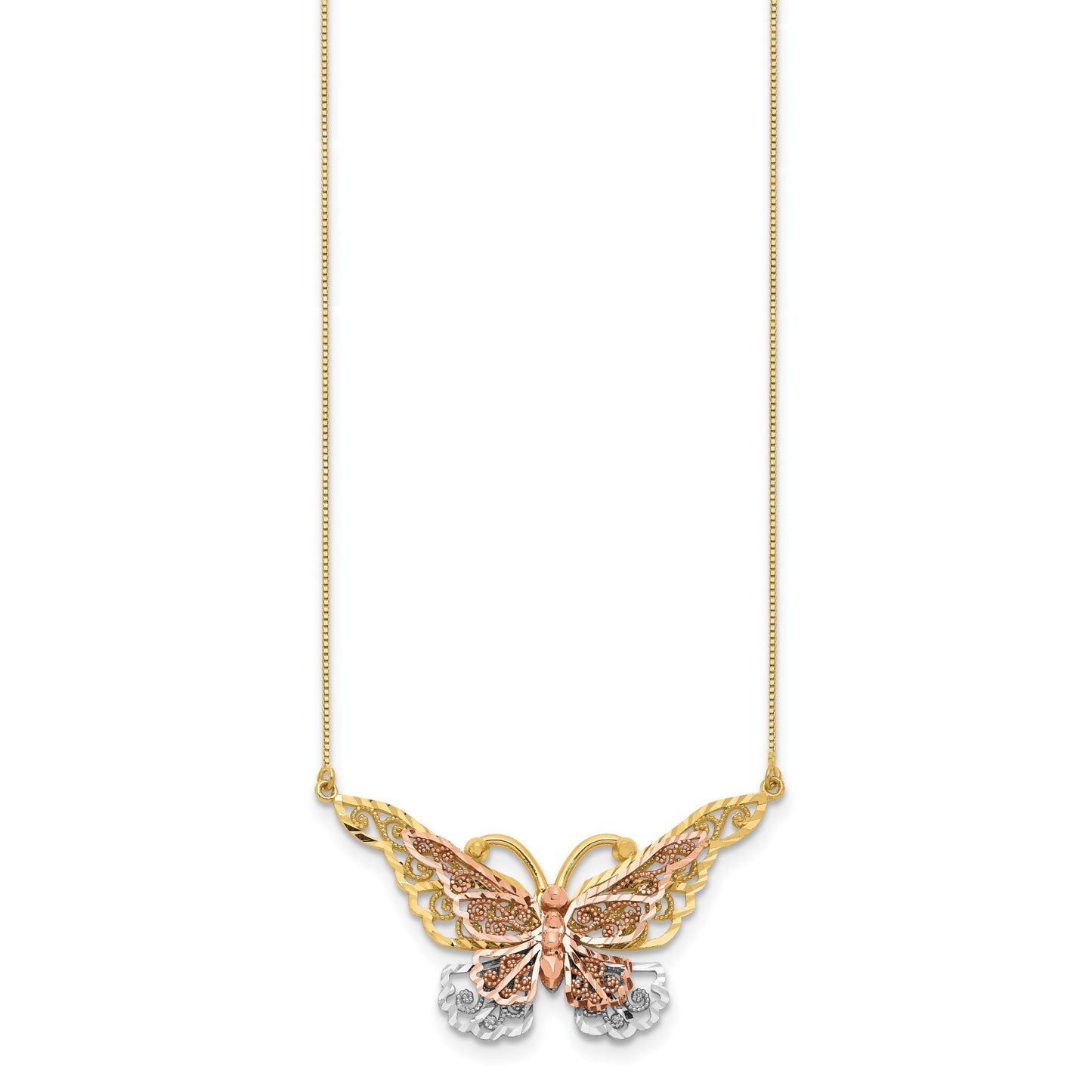 14k Yellow and Rose Gold with White Rhodium Large Filigree Butterfly 17 inch Necklace
