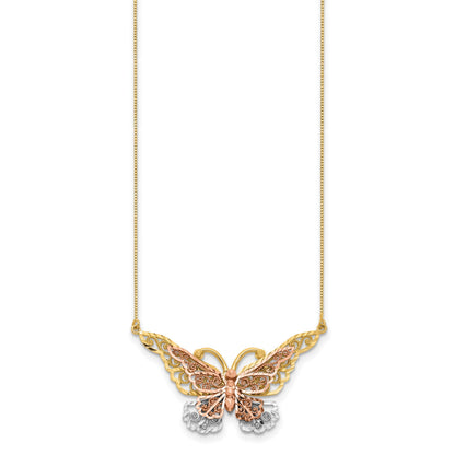 14k Yellow and Rose Gold with White Rhodium Large Filigree Butterfly 17 inch Necklace