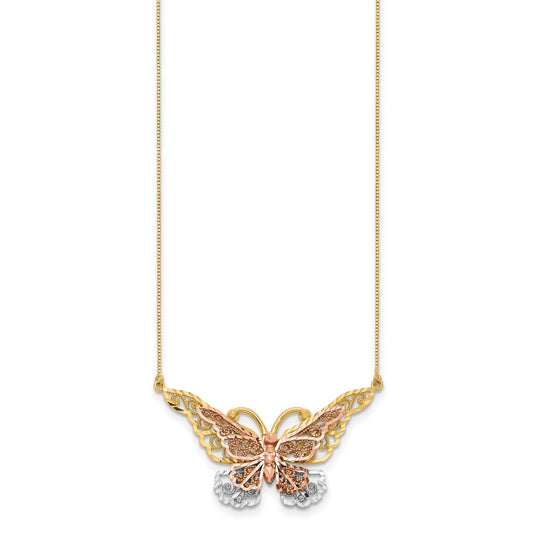 14k Yellow and Rose Gold with White Rhodium Large Filigree Butterfly 17 inch Necklace