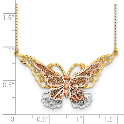 14k Yellow and Rose Gold with White Rhodium Large Filigree Butterfly 17 inch Necklace