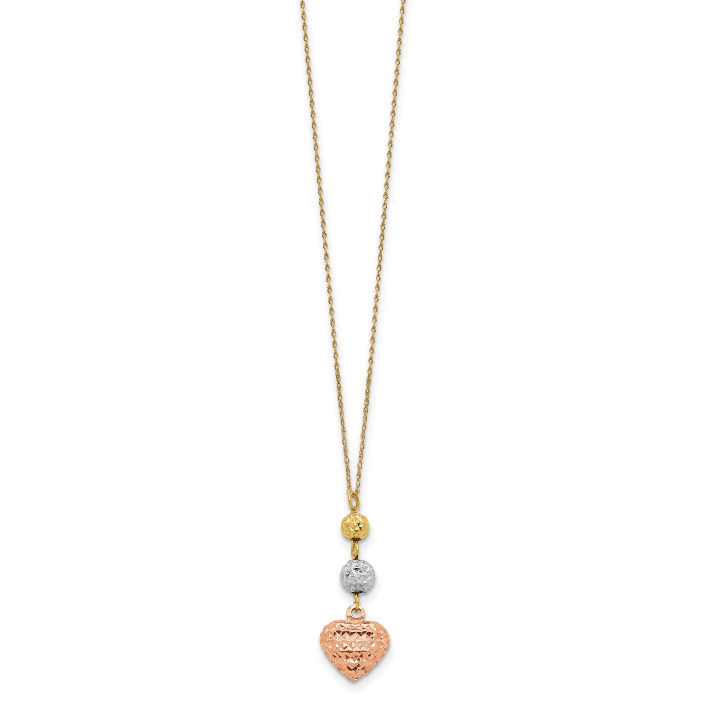 14K Tri-color Diamond-cut Beads and Puffed Heart 16 inch Necklace Plus 2 inch Extender