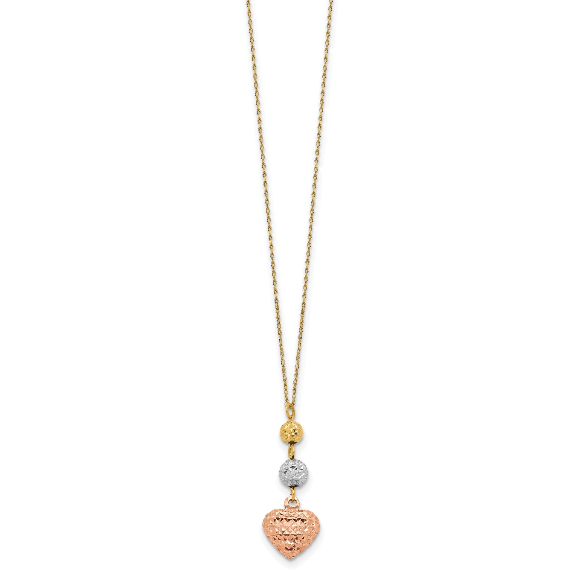 14K Tri-color Diamond-cut Beads and Puffed Heart 16 inch Necklace Plus 2 inch Extender
