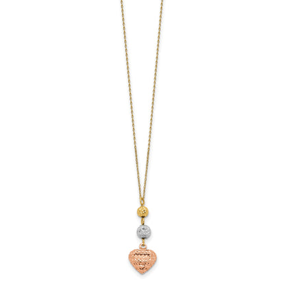 14K Tri-color Diamond-cut Beads and Puffed Heart 16 inch Necklace Plus 2 inch Extender
