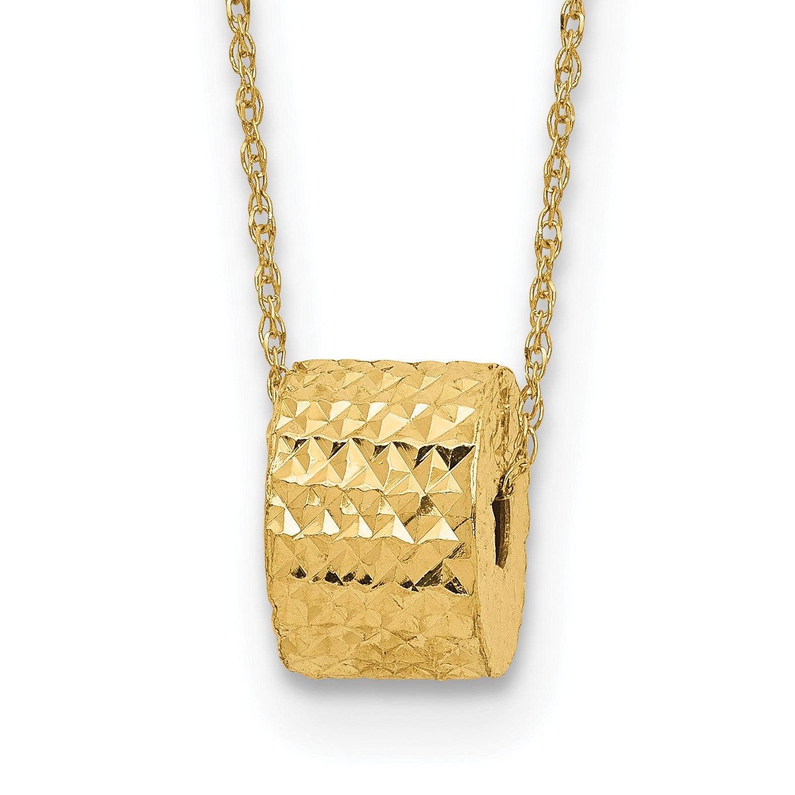 14K Rope Chain with Textured Barrel Bead 16 inch Necklace Plus 2 inch Extension