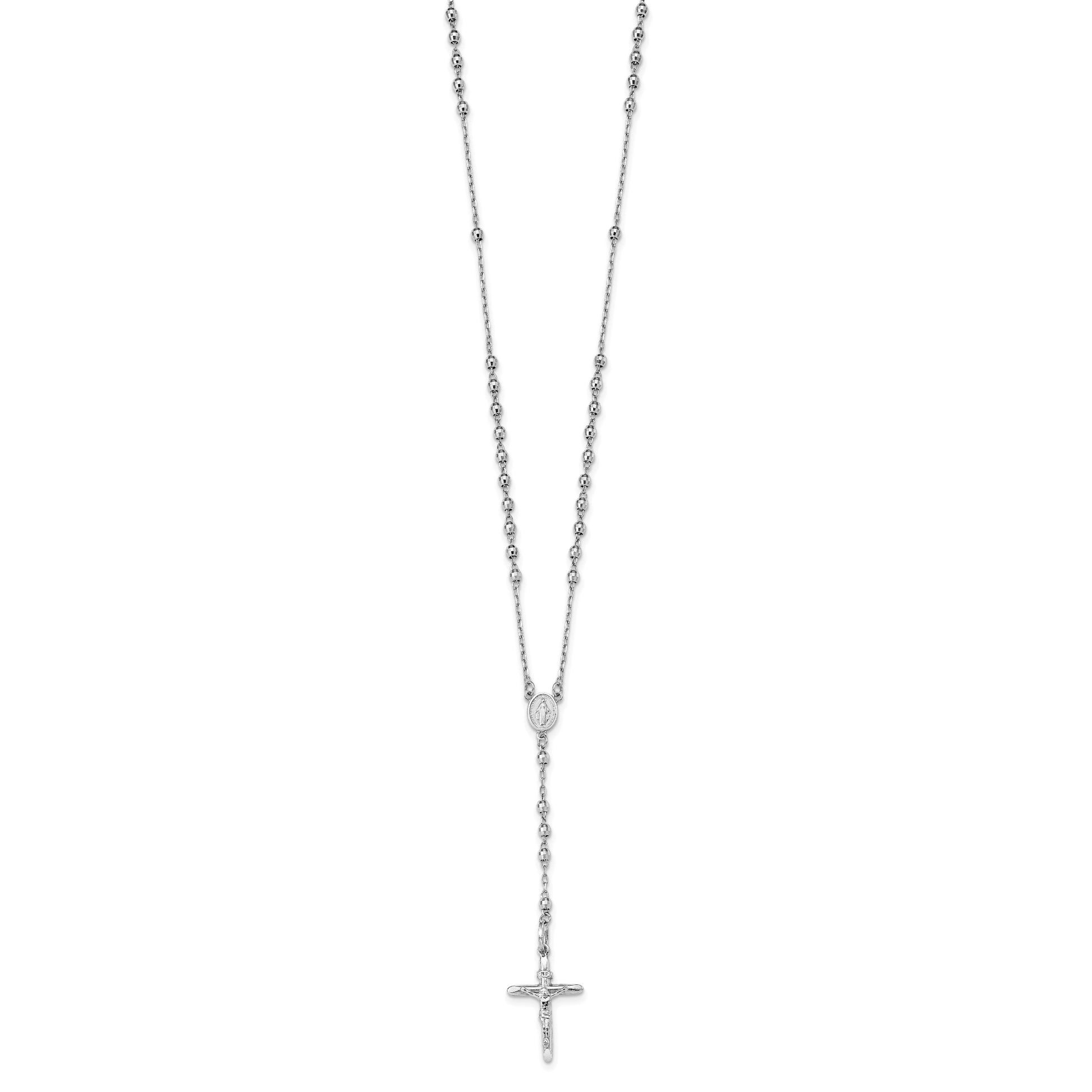 14k White Gold Polished Crucifix and Miraculous Medal with 3mm Mirror Beads 24 inch Rosary Necklace