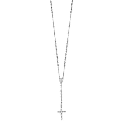 14k White Gold Polished Crucifix and Miraculous Medal with 3mm Mirror Beads 24 inch Rosary Necklace