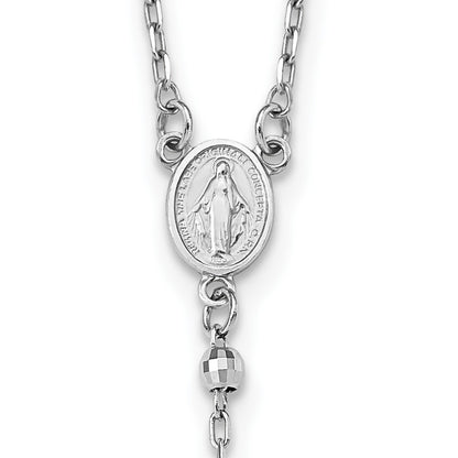 14k White Gold Polished Crucifix and Miraculous Medal with 3mm Mirror Beads 24 inch Rosary Necklace