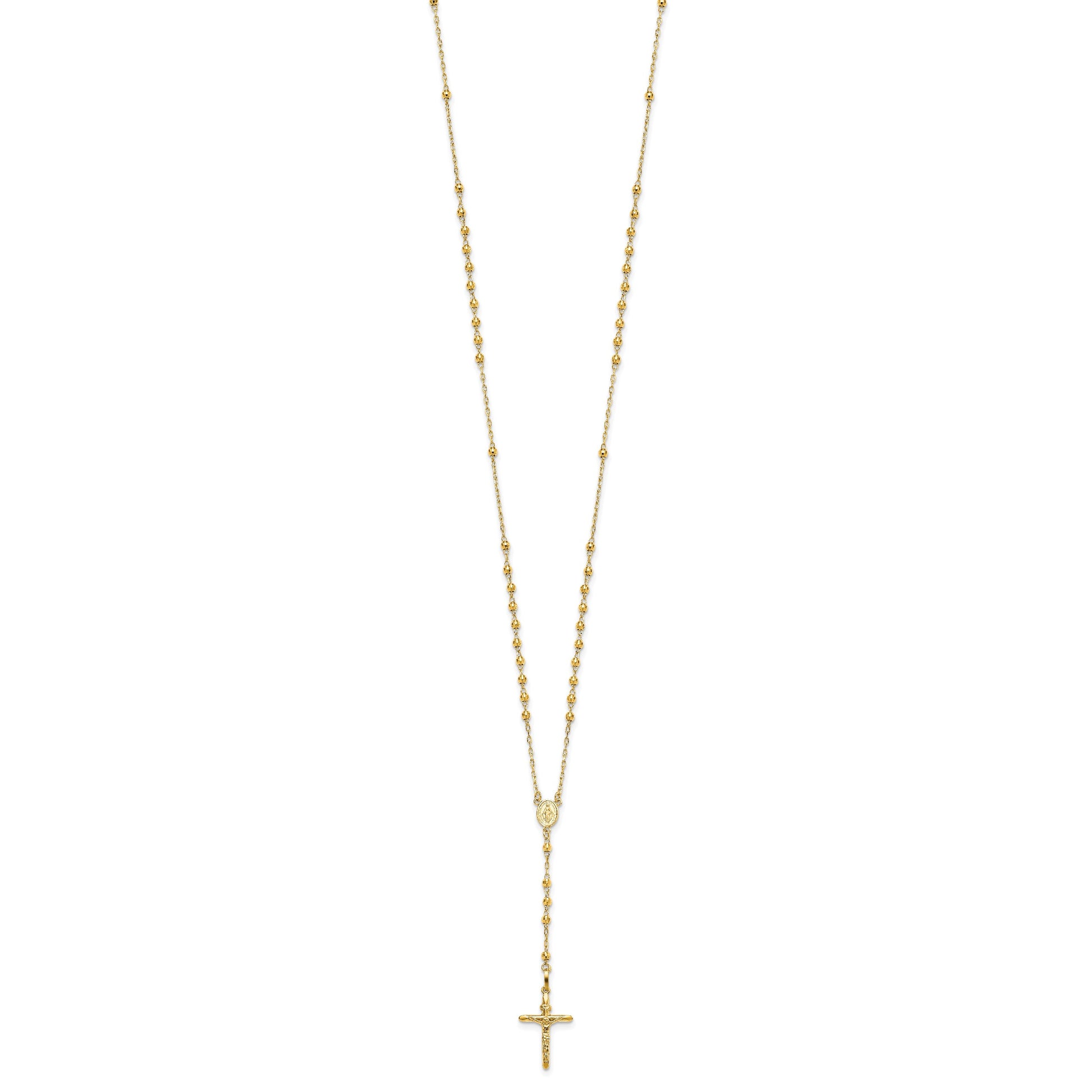 14k Polished Crucifix and Miraculous Medal with 3mm Mirror Beads Semi-solid 24 inch Rosary Necklace