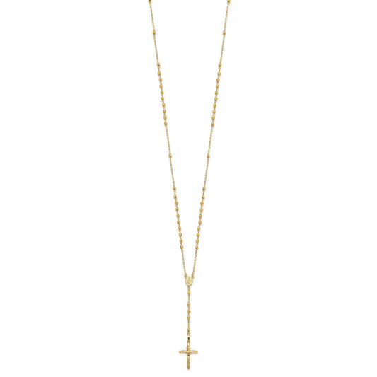 14k Polished Crucifix and Miraculous Medal with 3mm Mirror Beads Semi-solid 24 inch Rosary Necklace