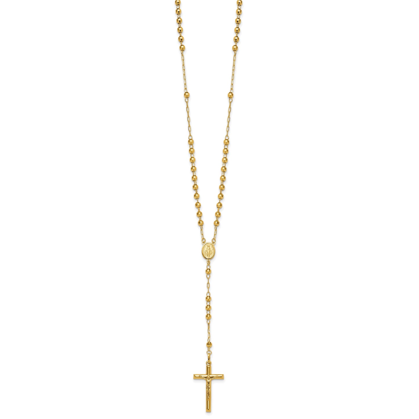 14k Polished Crucifix and Miraculous Medal with 4mm Mirror Beads Semi-solid 24 inch Rosary Necklace