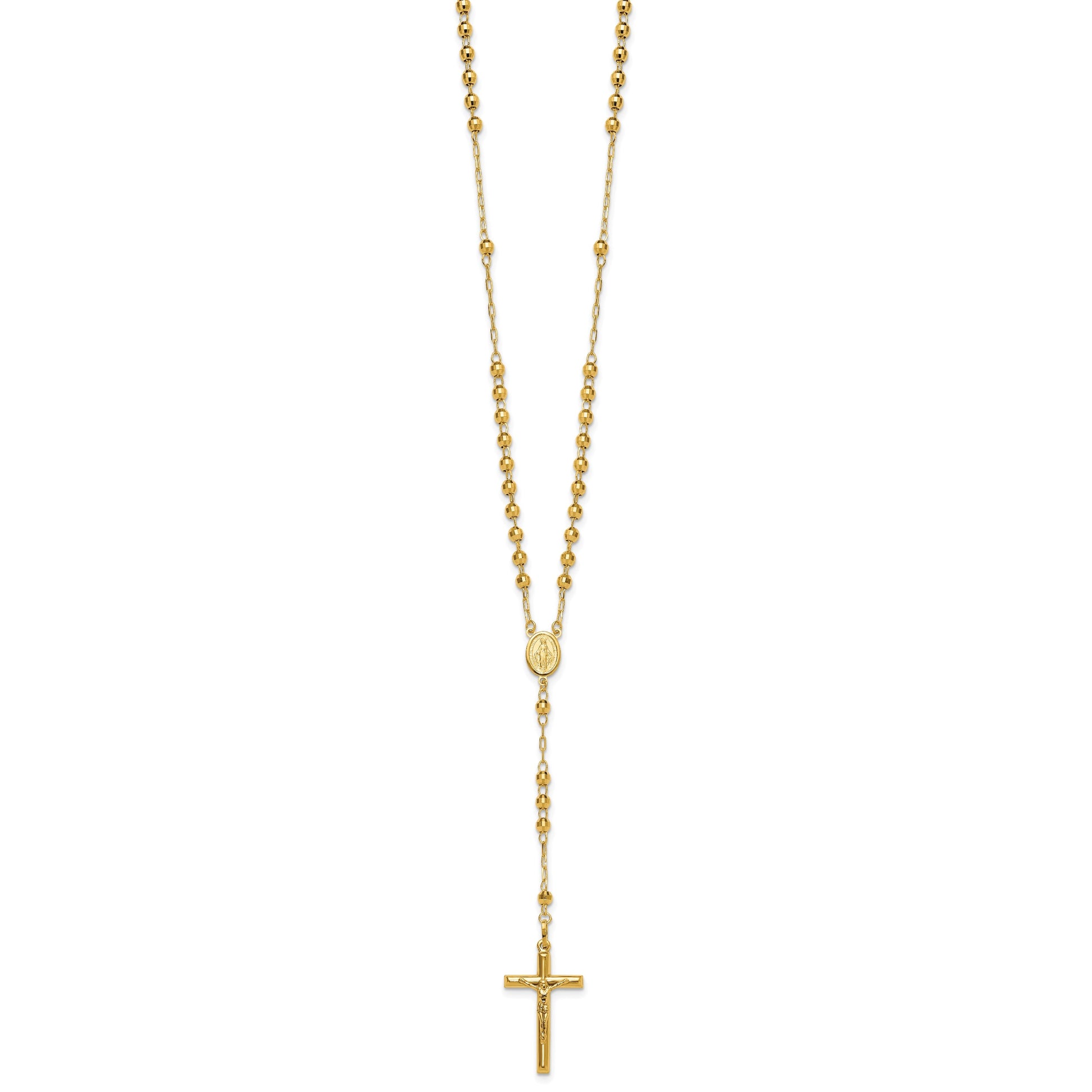 14k Polished Crucifix and Miraculous Medal with 4mm Mirror Beads Semi-solid 24 inch Rosary Necklace