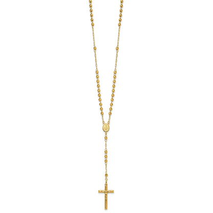 14k Polished Crucifix and Miraculous Medal with 4mm Mirror Beads Semi-solid 24 inch Rosary Necklace