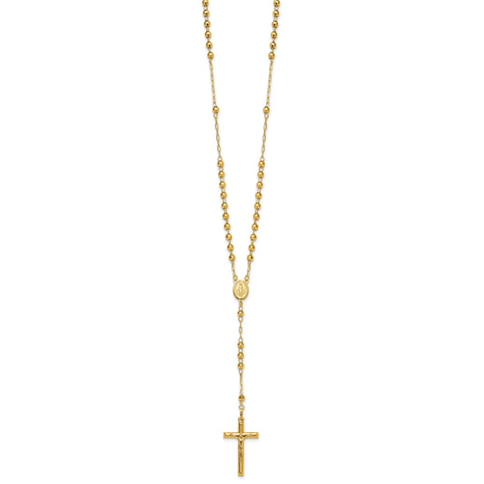 14k Polished Crucifix and Miraculous Medal with 4mm Mirror Beads Semi-solid 24 inch Rosary Necklace