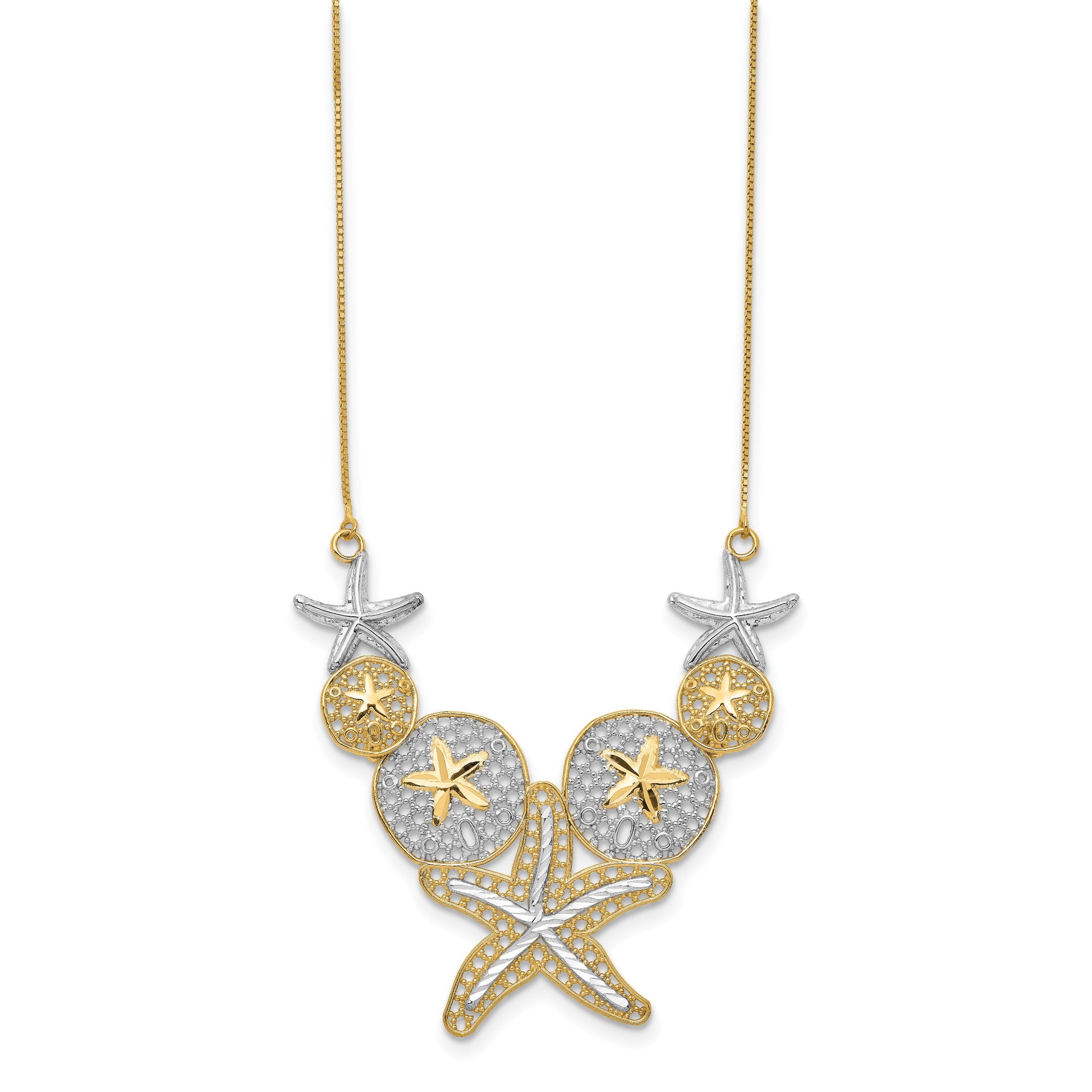 14k with White Rhodium Diamond-cut Starfish and Sand Dollar 18 inch Necklace
