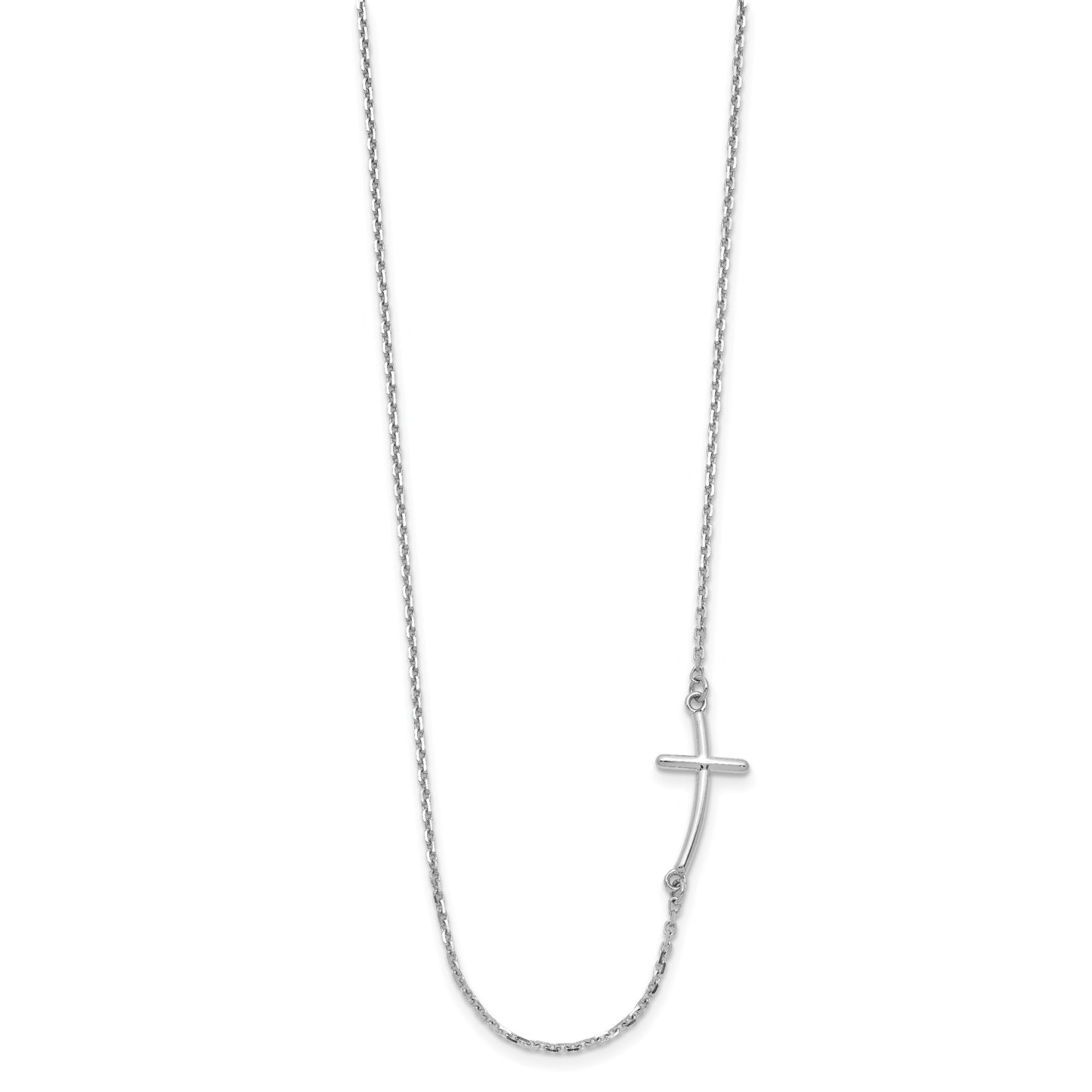 14k White Gold Polished Small Sideways Curved Cross 19 inch Necklace