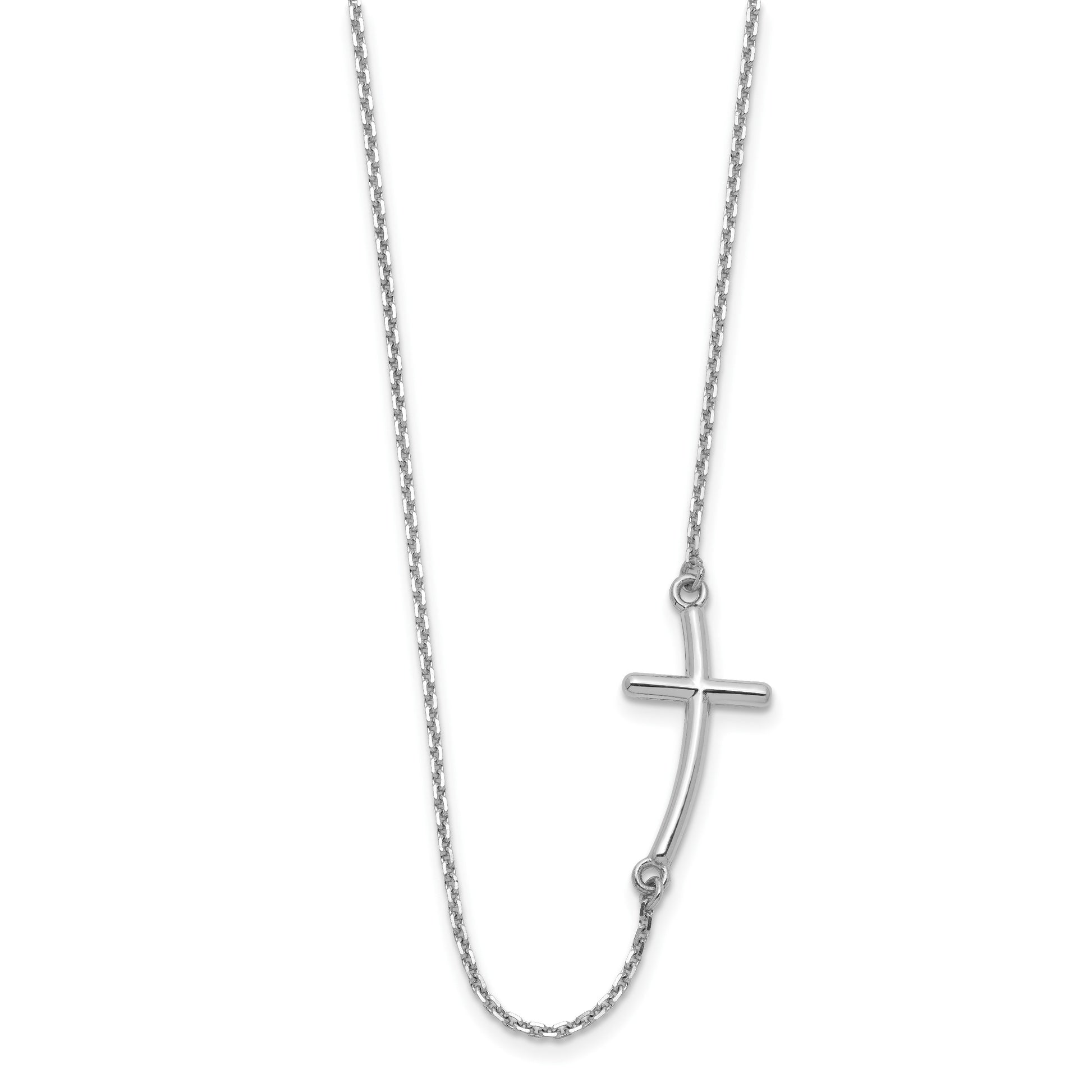 14k White Gold Polished Large Sideways Curved Cross 19 inch Necklace