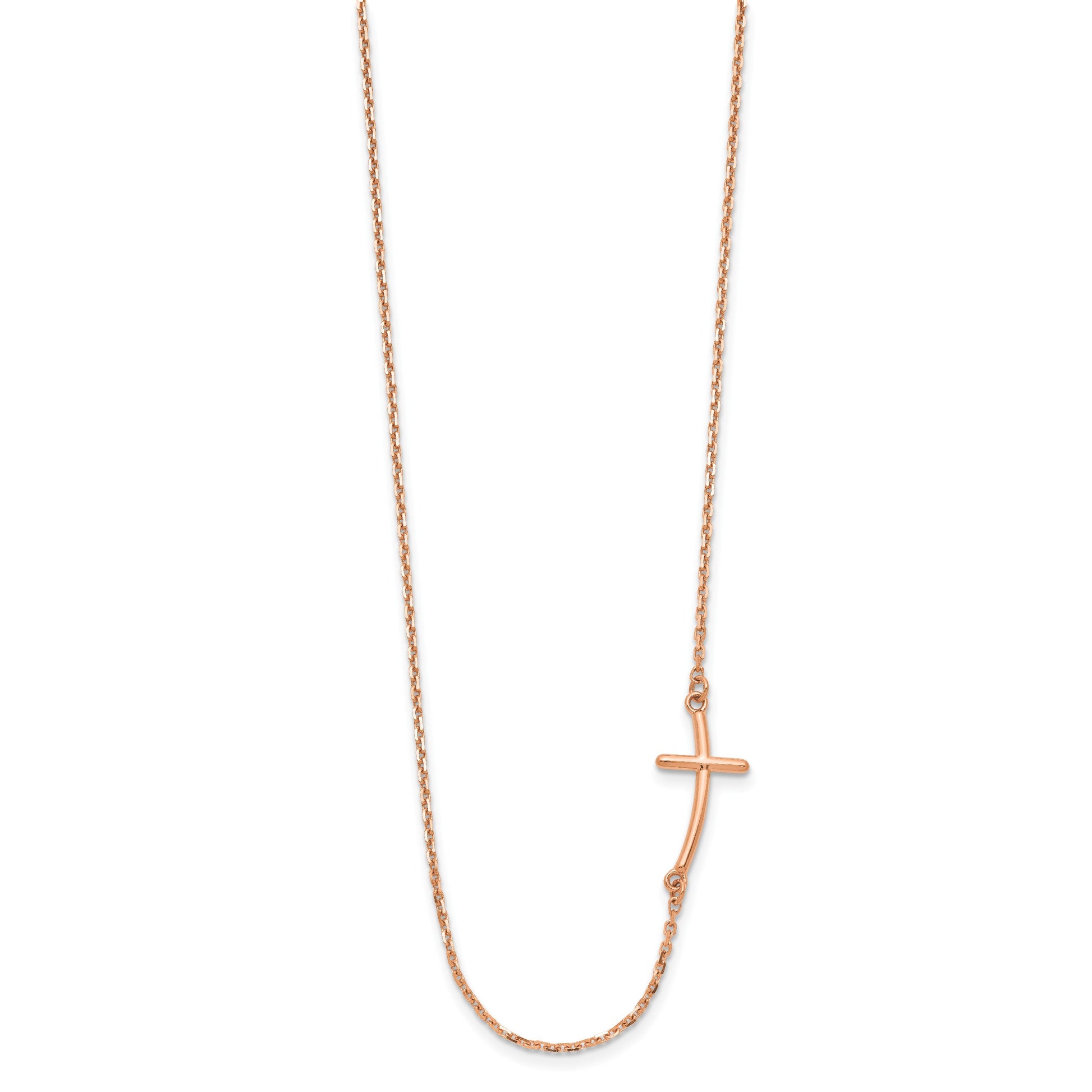 14k Rose Gold Polished Small Sideways Curved Cross 19 inch Necklace