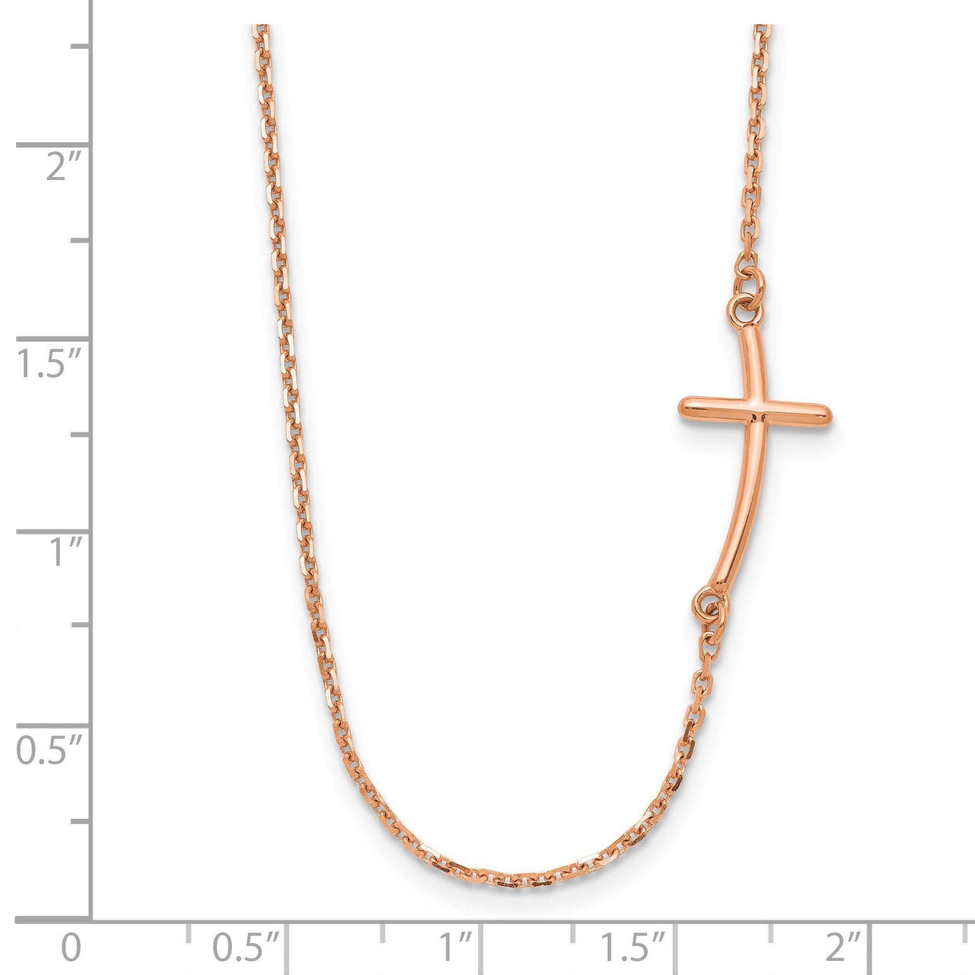 14k Rose Gold Polished Small Sideways Curved Cross 19 inch Necklace