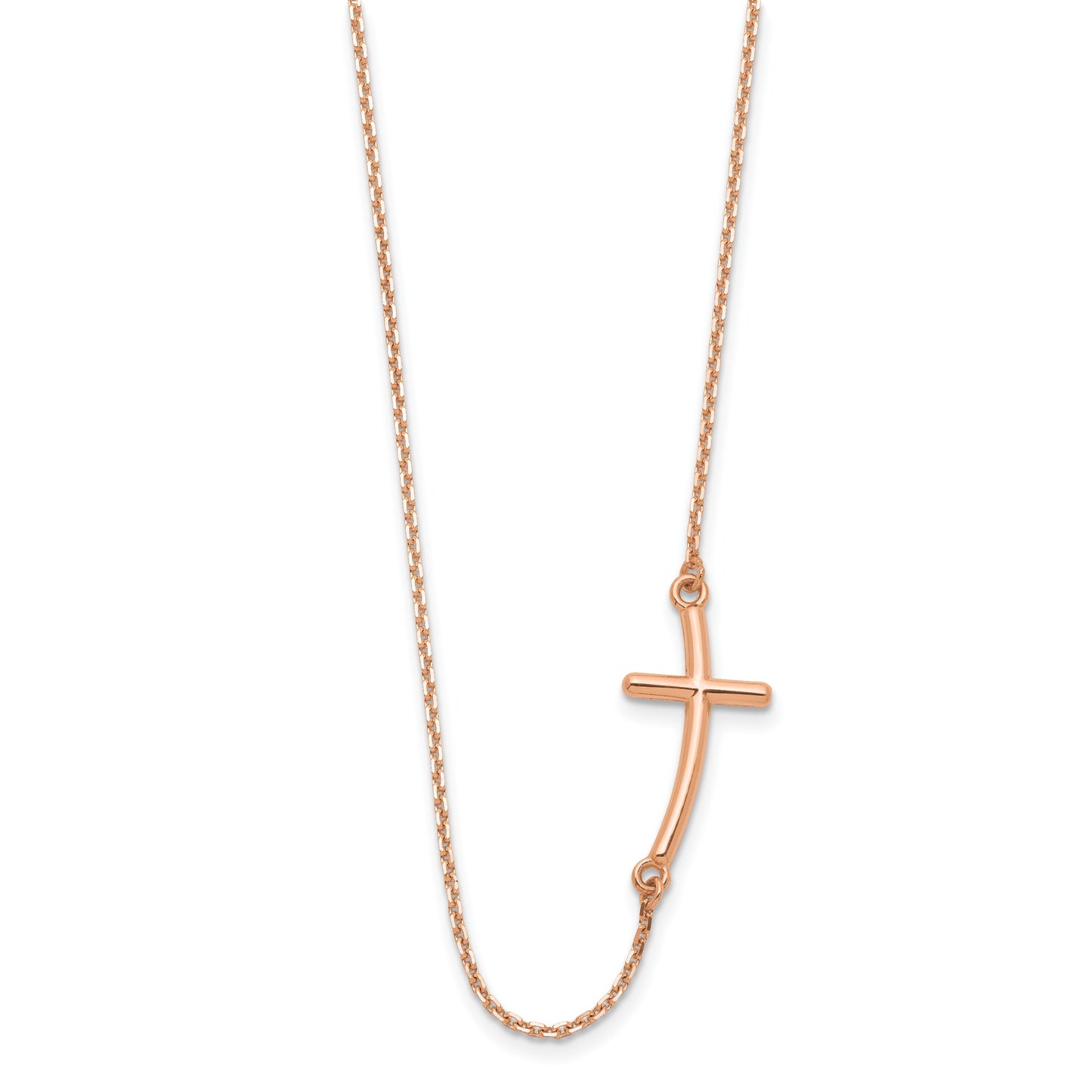 14k Rose Gold Polished Large Sideways Curved Cross 19 inch Necklace