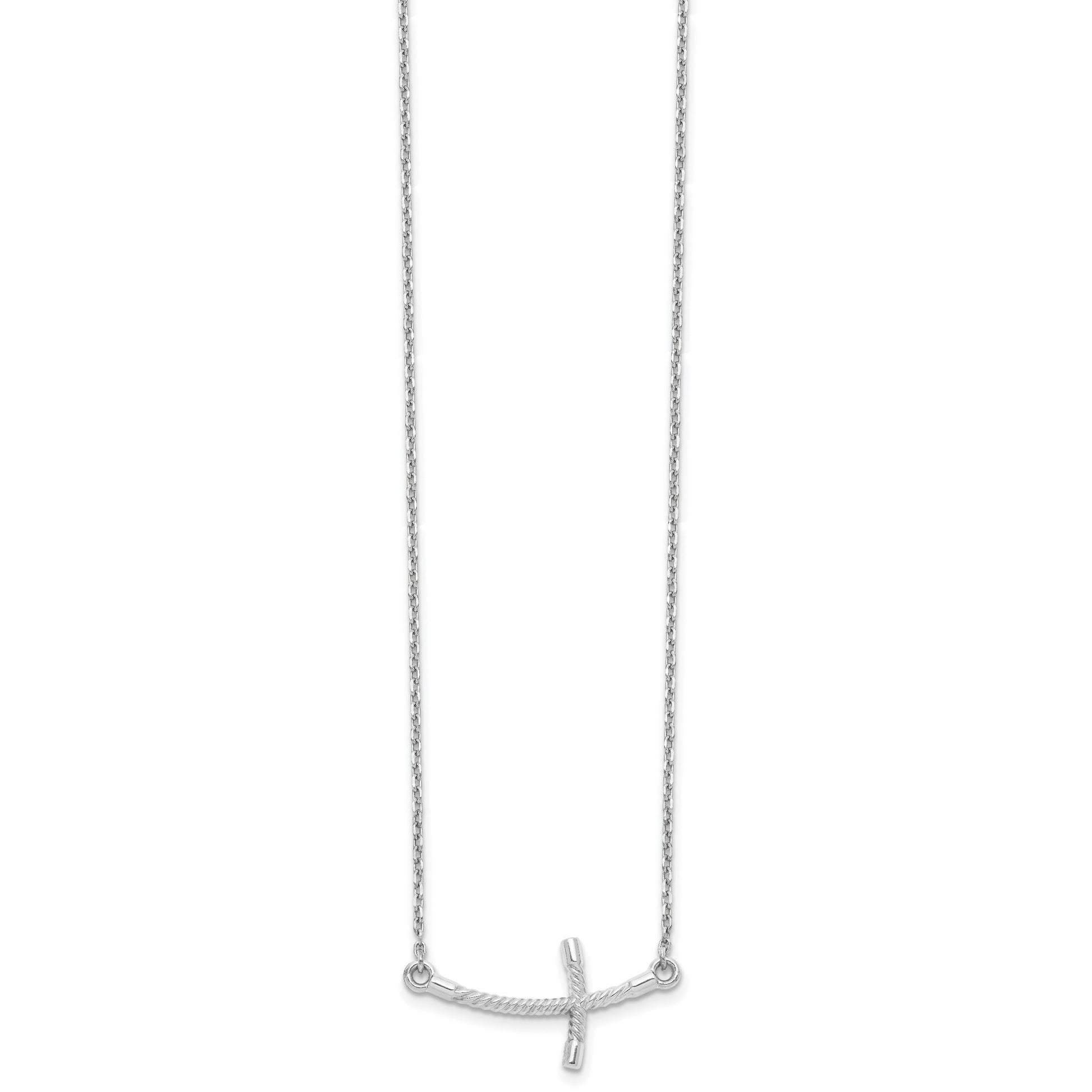 14k White Gold Large Sideways Curved Twist Cross 19 inch Necklace
