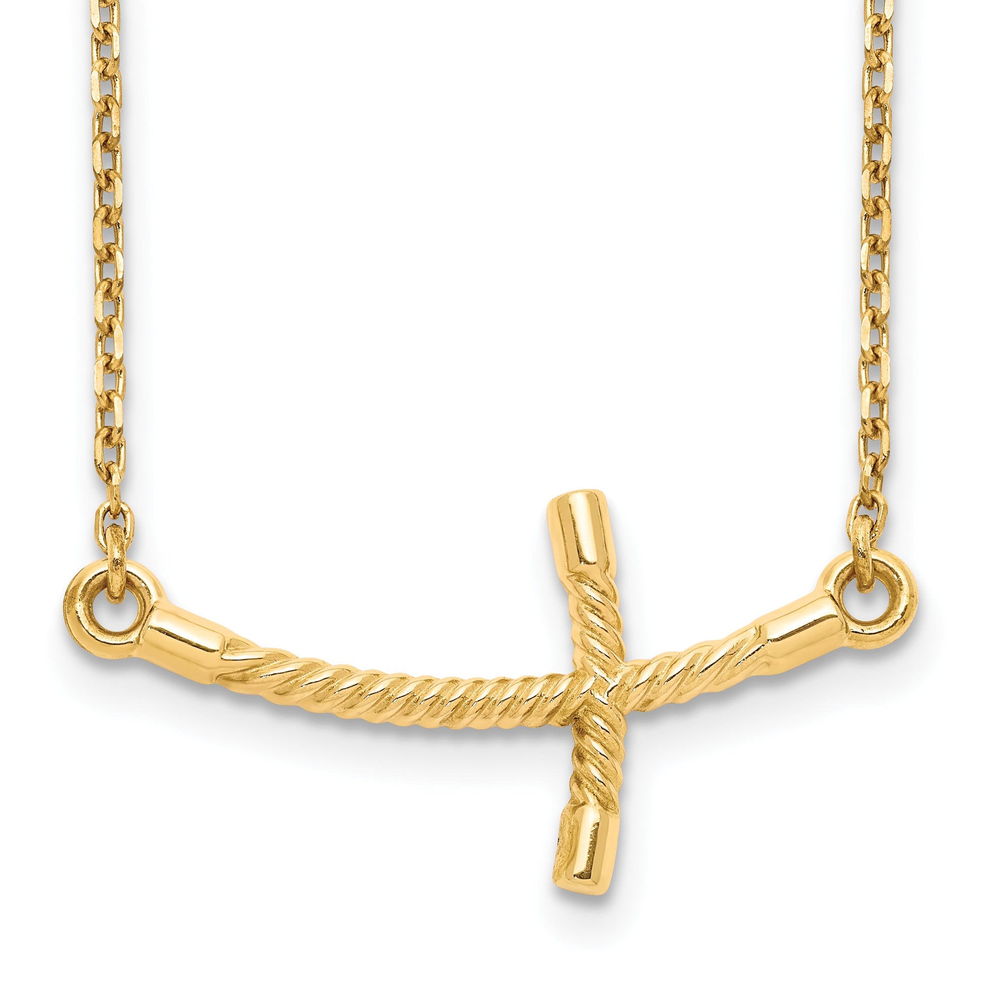 14k Large Sideways Curved Twist Cross 19 inch Necklace