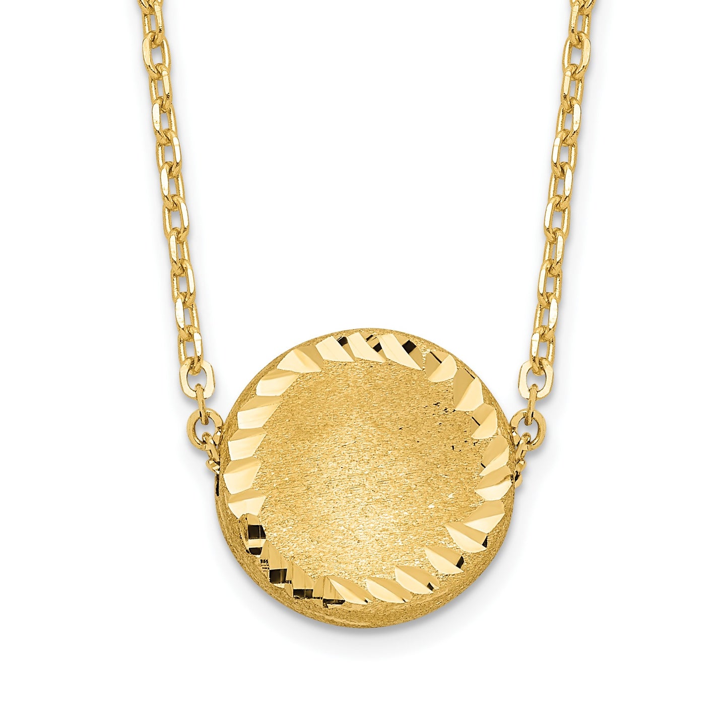 14k Brushed and Polished Diamond-cut Circle Pendant 18 inch Necklace