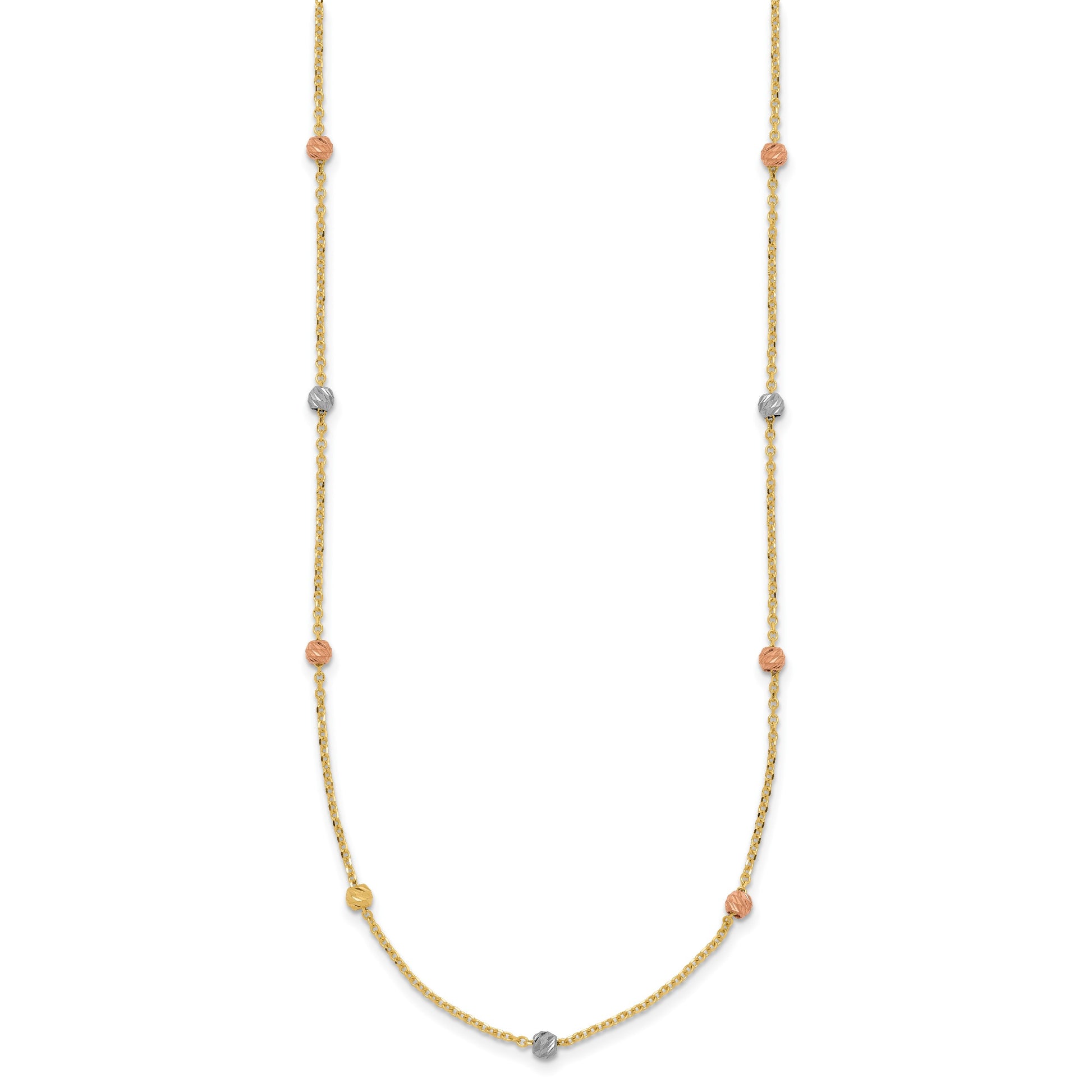14k Tri-color Polished Diamond-cut Beads 18 inch Station Necklace
