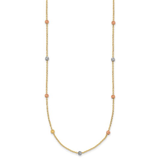 14k Tri-color Polished Diamond-cut Beads 18 inch Station Necklace