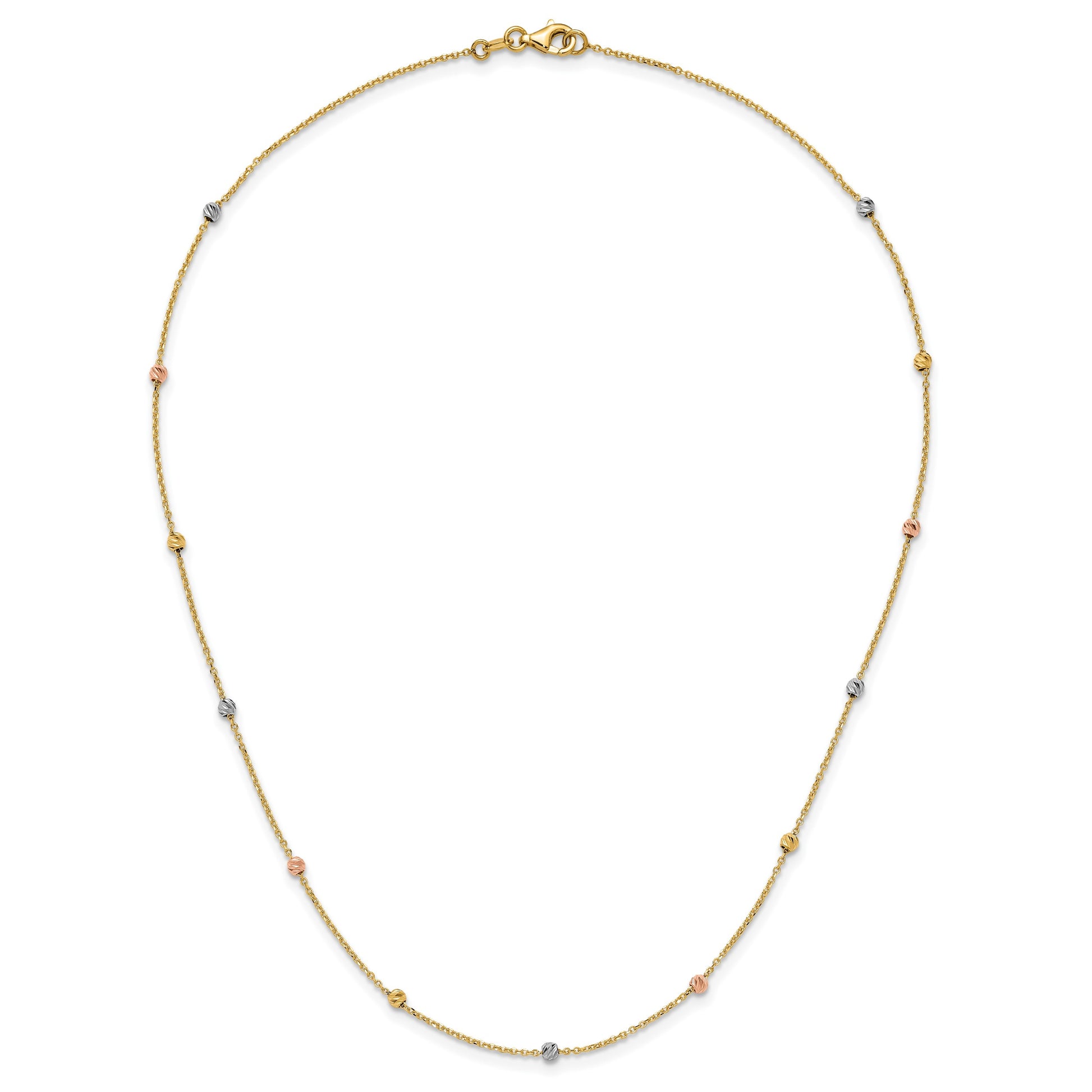 14k Tri-color Polished Diamond-cut Beads 18 inch Station Necklace