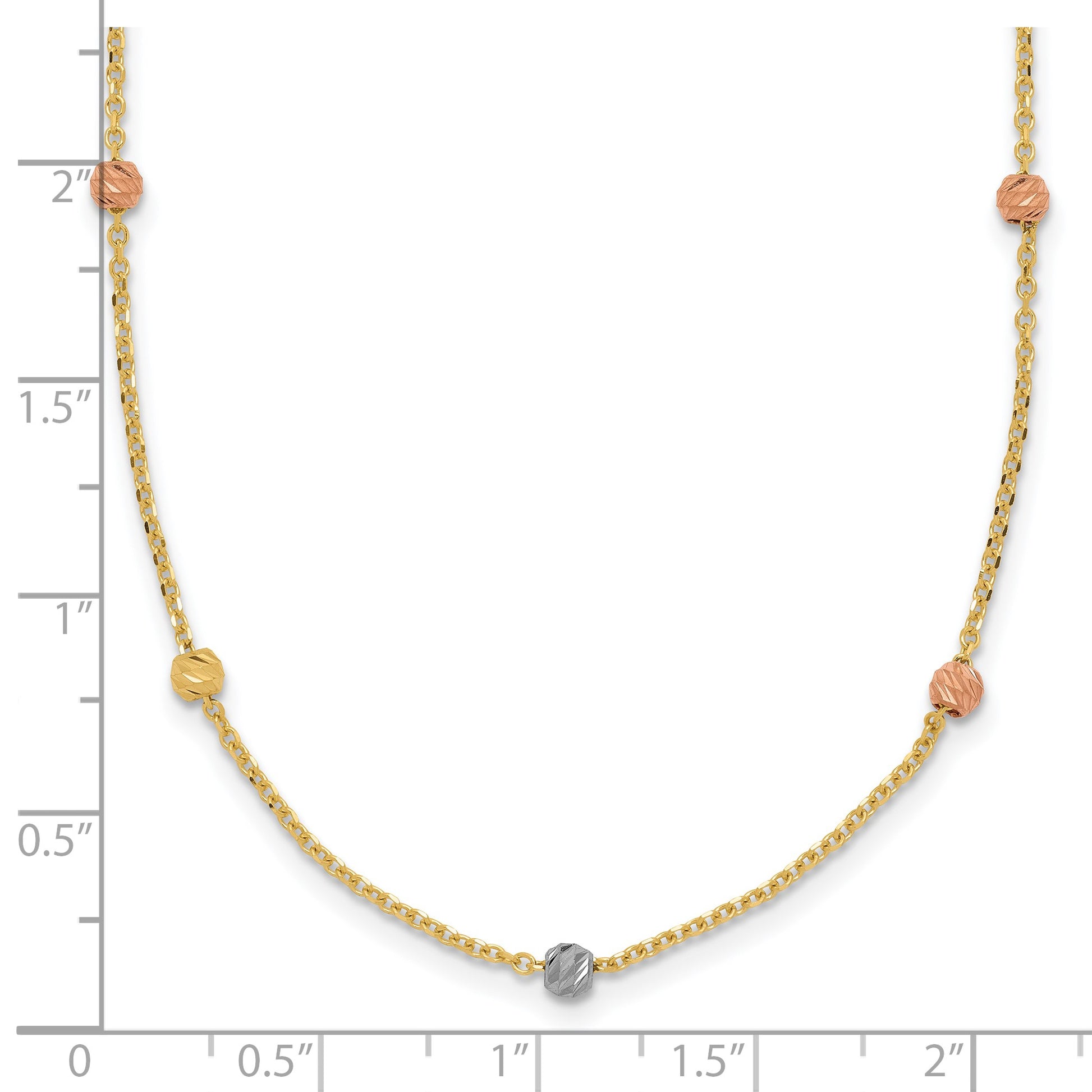14k Tri-color Polished Diamond-cut Beads 18 inch Station Necklace