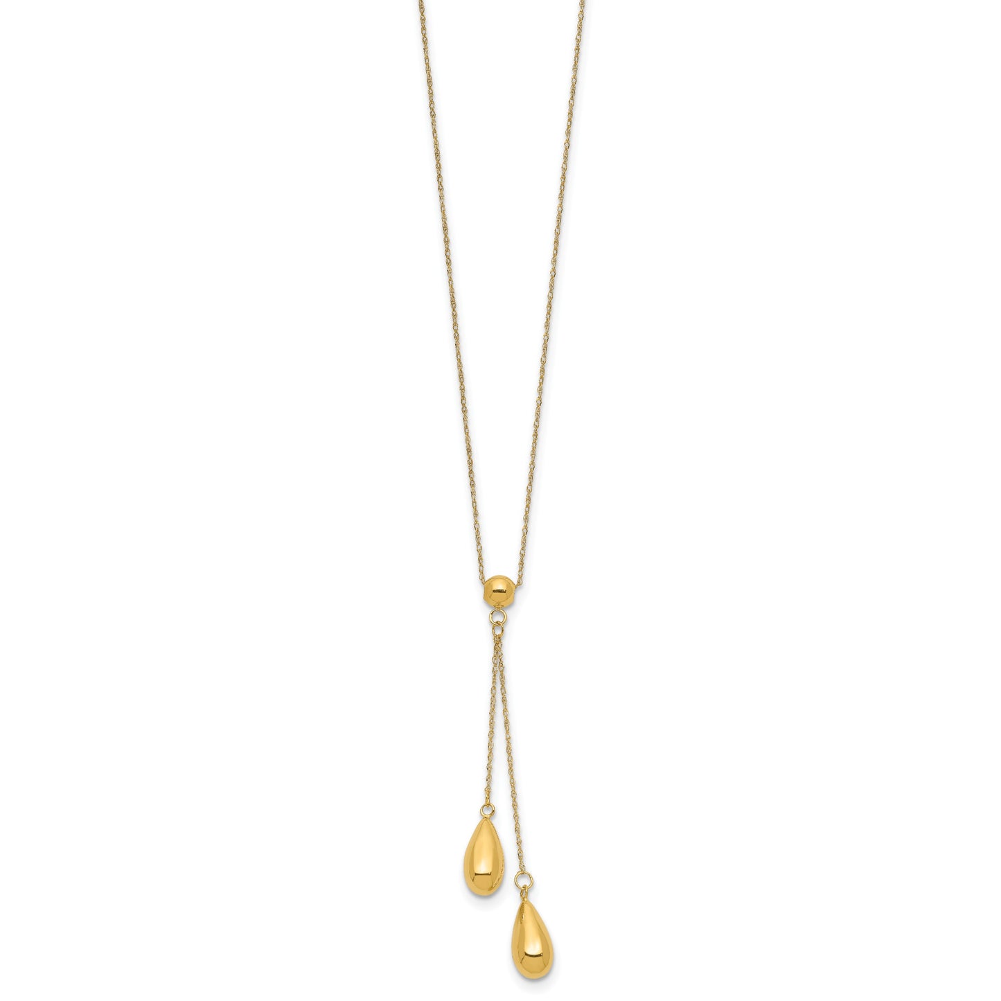 14k Polished Two Puffed Teardrop Beads 18 inch Lariat Necklace