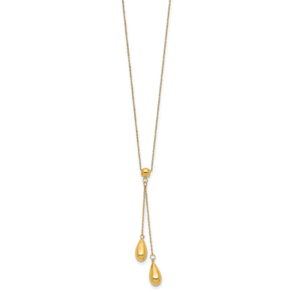 14k Polished Two Puffed Teardrop Beads 18 inch Lariat Necklace