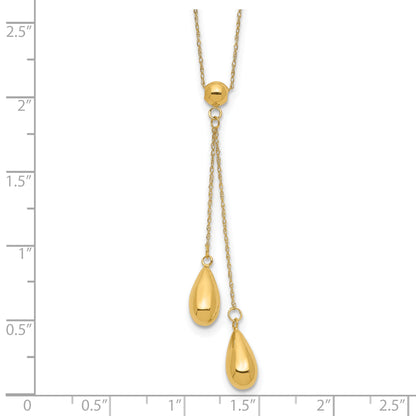 14k Polished Two Puffed Teardrop Beads 18 inch Lariat Necklace