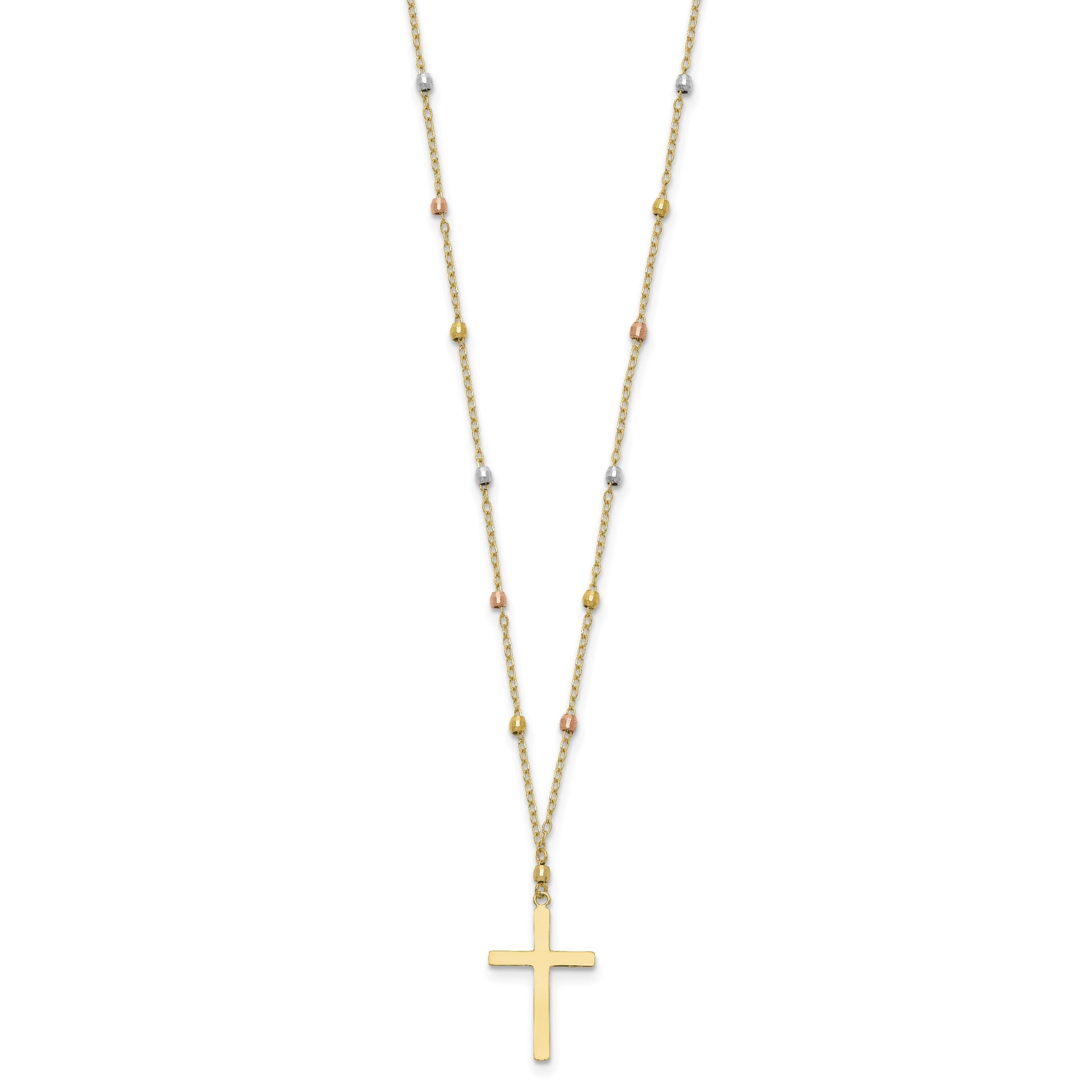 14K Tri-color Mirror Beaded Chain with Polished Cross Pendant 18 inch Necklace