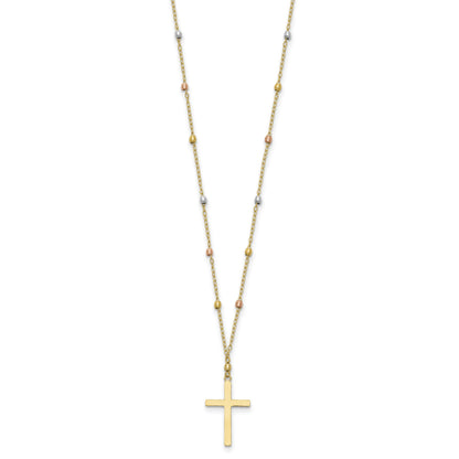 14K Tri-color Mirror Beaded Chain with Polished Cross Pendant 18 inch Necklace