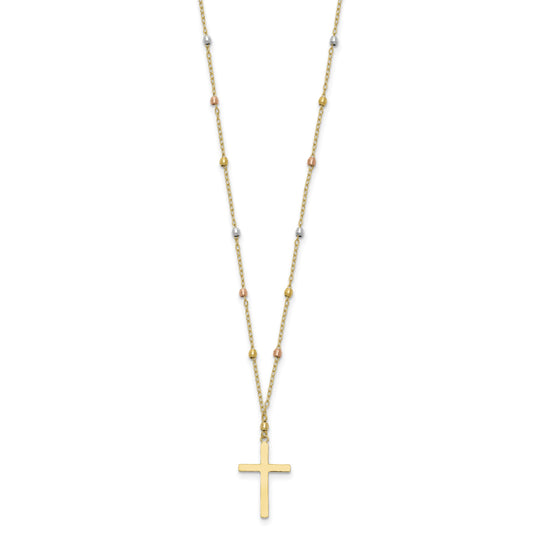 14K Tri-color Mirror Beaded Chain with Polished Cross Pendant 18 inch Necklace