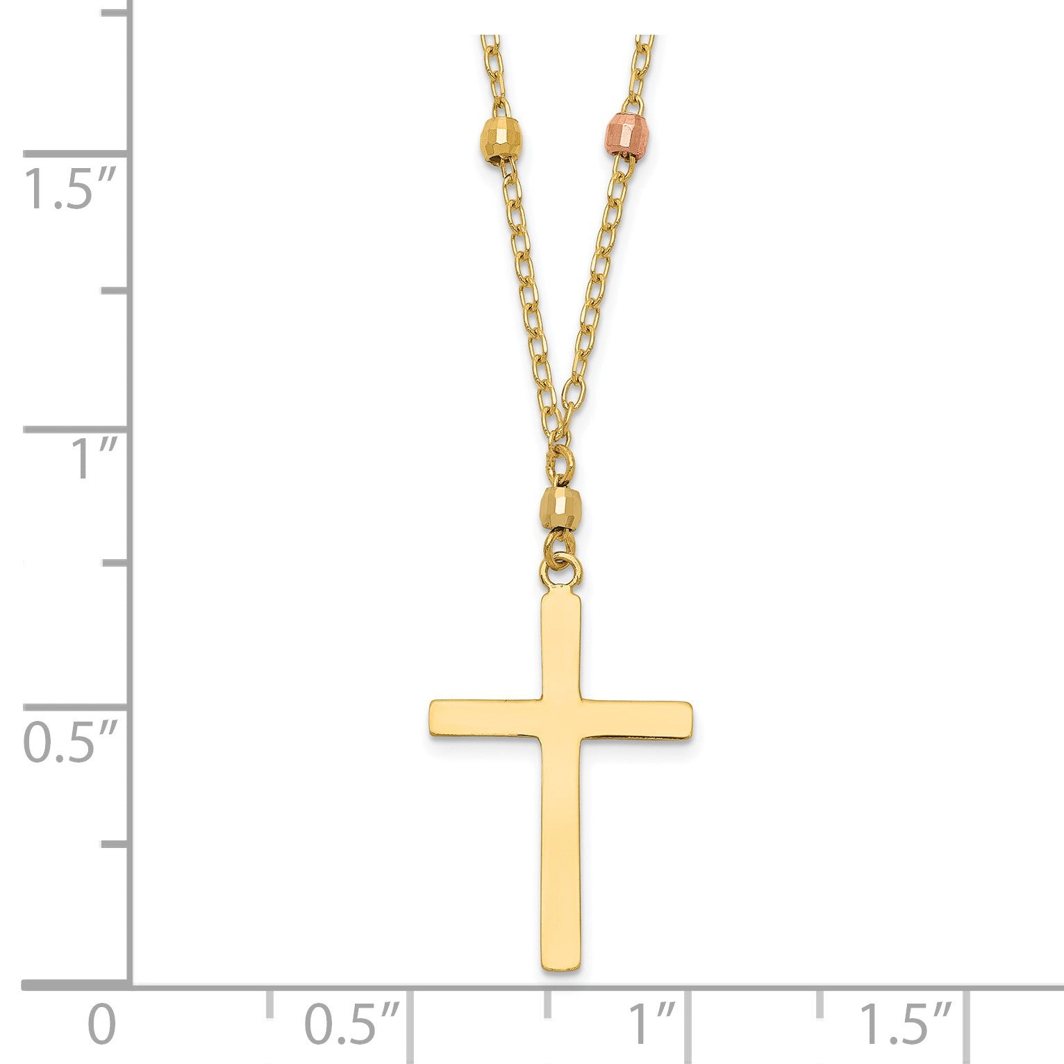 14K Tri-color Mirror Beaded Chain with Polished Cross Pendant 18 inch Necklace