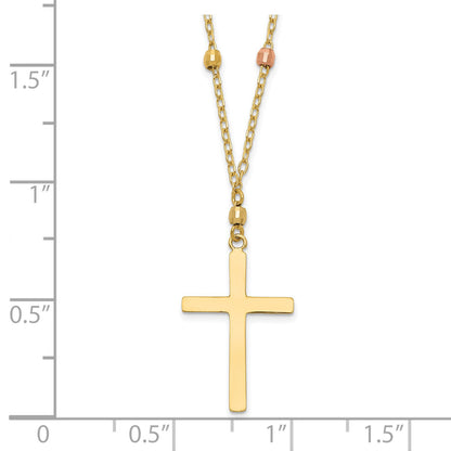 14K Tri-color Mirror Beaded Chain with Polished Cross Pendant 18 inch Necklace