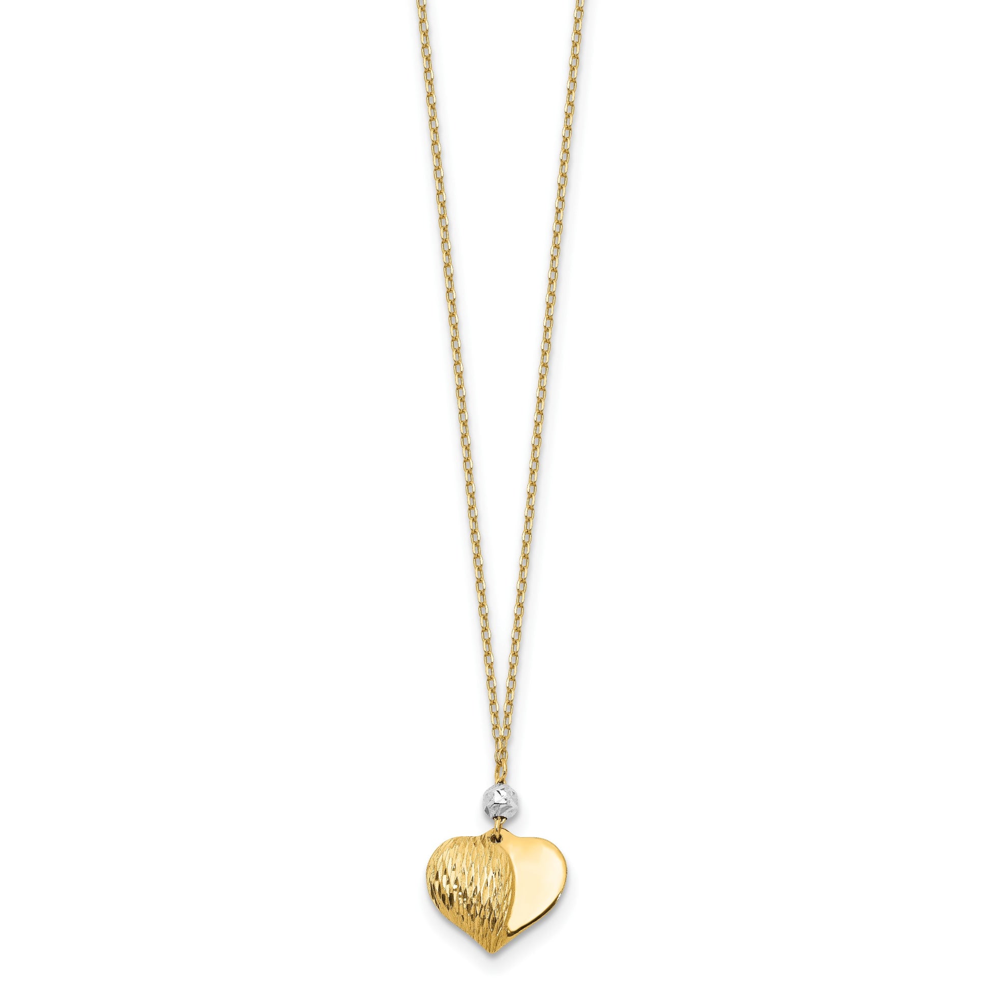14K Two Tone Polished Diamond-cut Puffed Heart and Bead Pendant 18 inch Necklace
