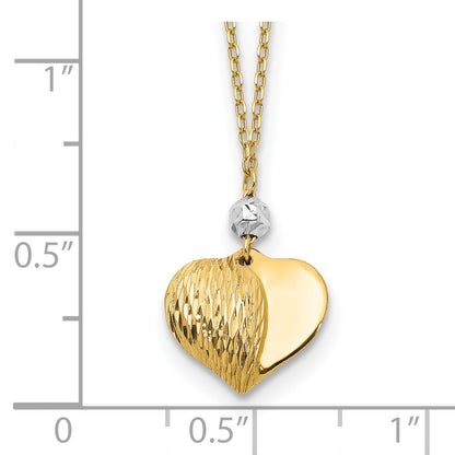 14K Two Tone Polished Diamond-cut Puffed Heart and Bead Pendant 18 inch Necklace
