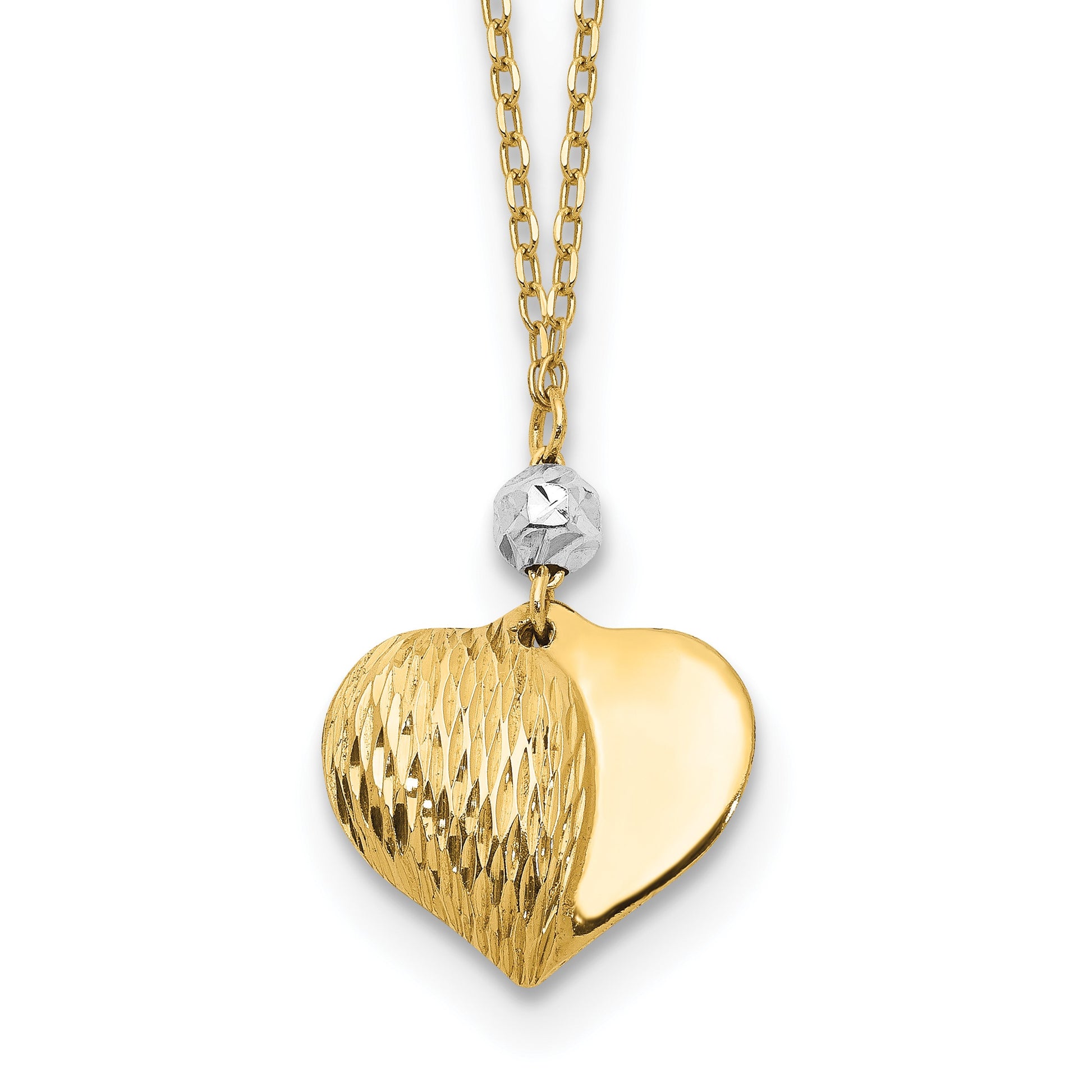 14K Two Tone Polished Diamond-cut Puffed Heart and Bead Pendant 16 inch Necklace