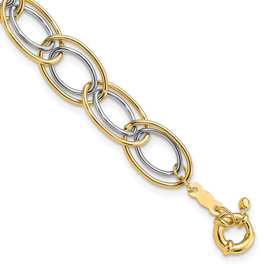 14k Two-tone 11mm Fancy Oval Link 7.5 inch Bracelet