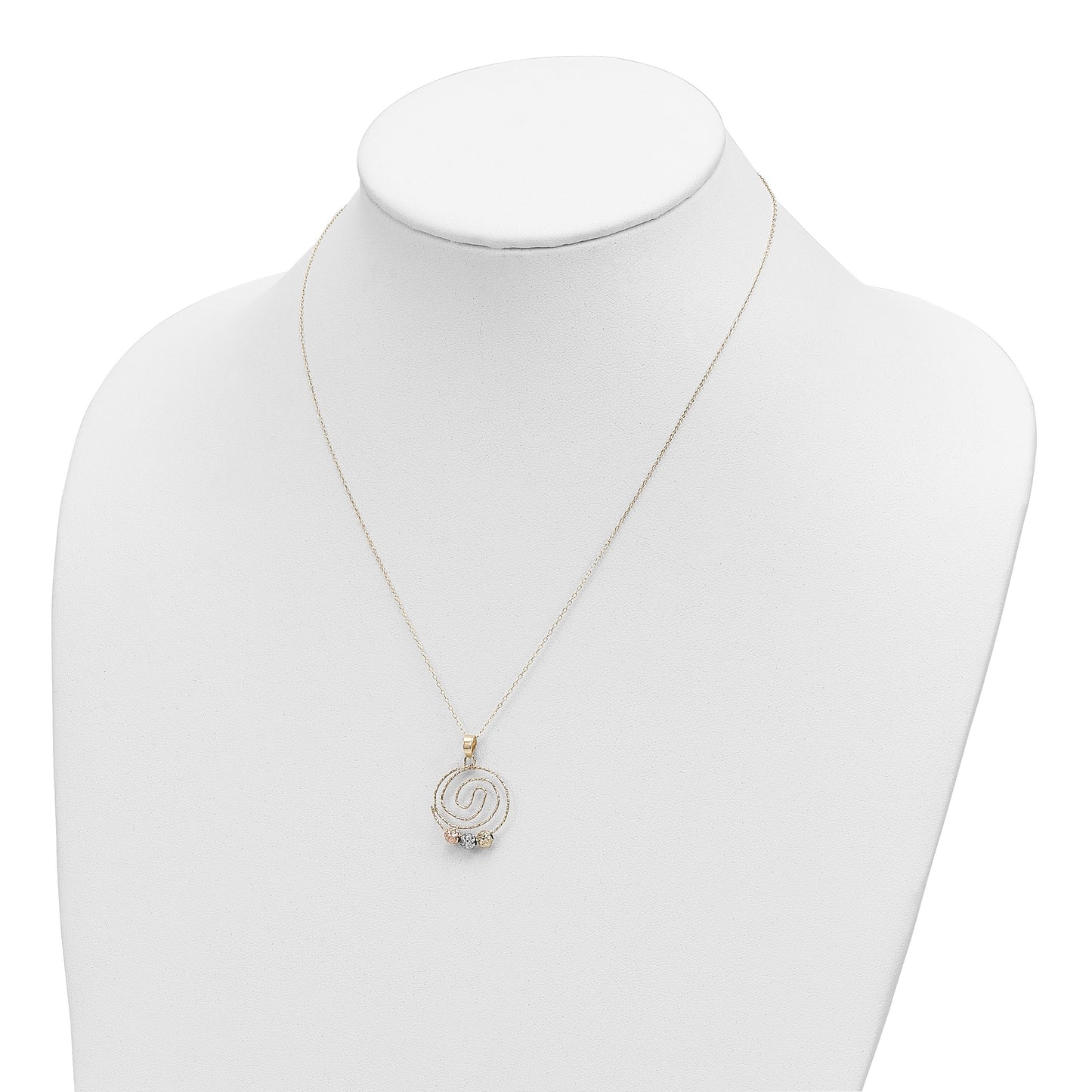 14k Tri-color Diamond-cut Beads on Spiral Pendant 18 inch Necklace