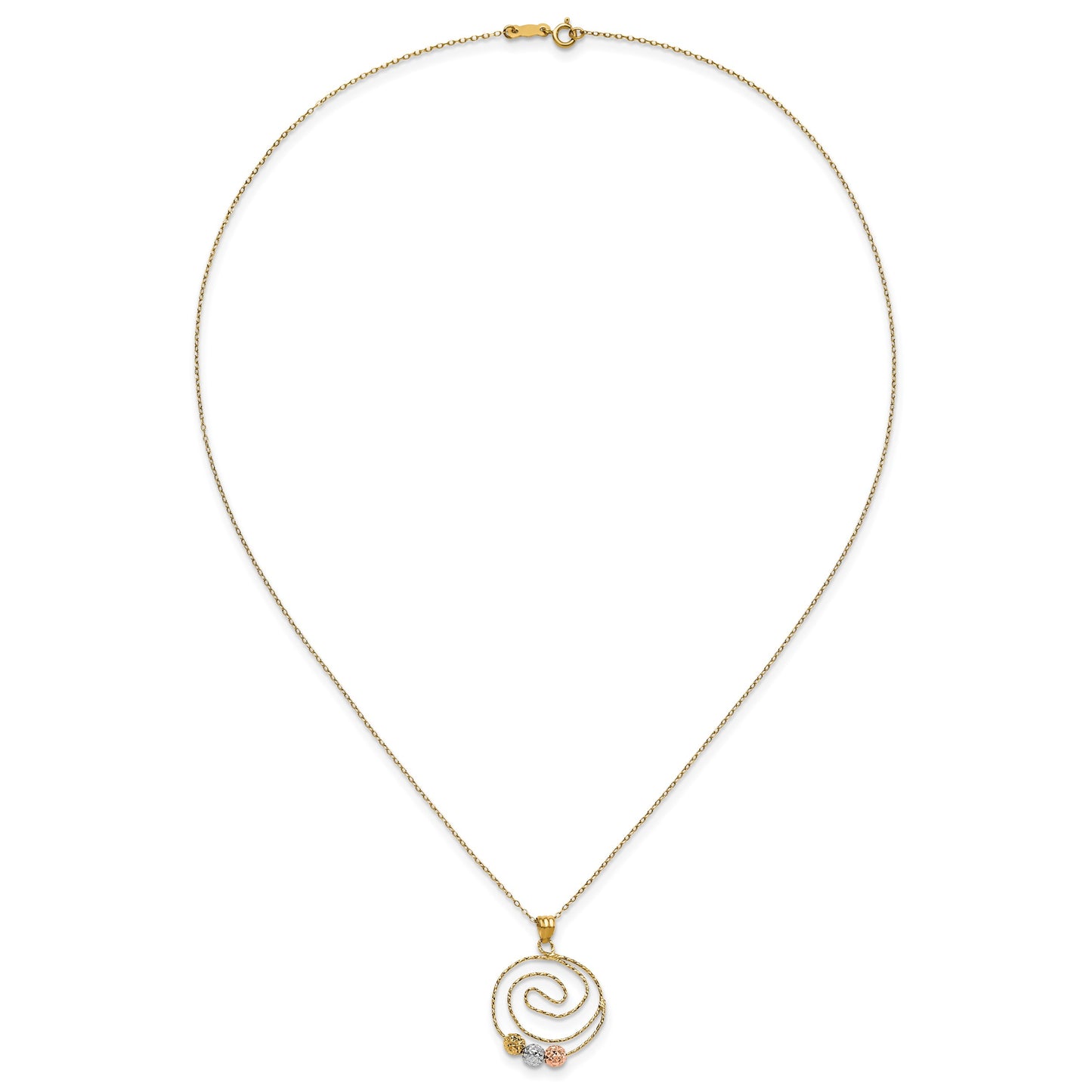 14k Tri-color Diamond-cut Beads on Spiral Pendant 18 inch Necklace