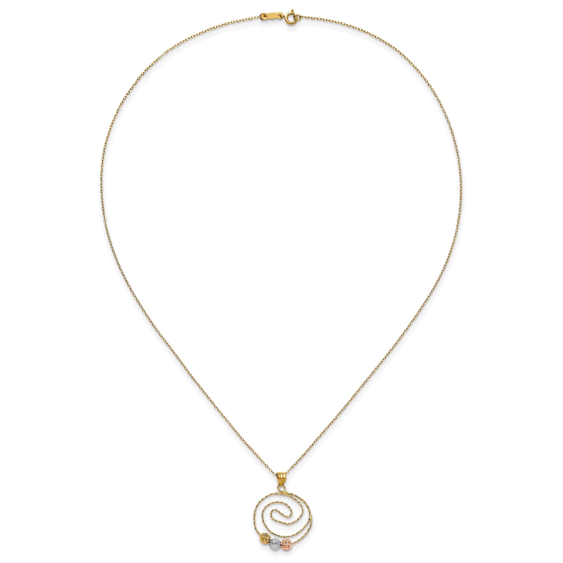 14k Tri-color Diamond-cut Beads on Spiral Pendant 18 inch Necklace